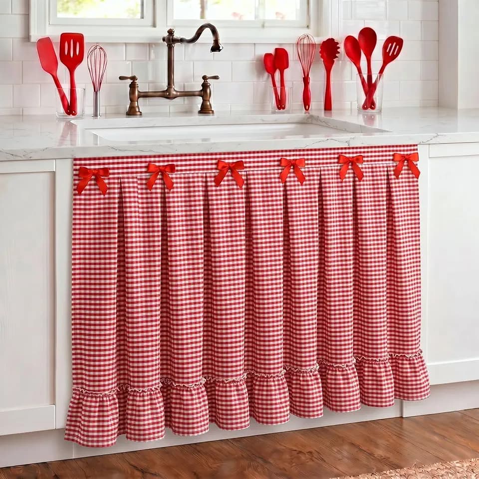 Tudomro Red Gingham Sink Skirt for Bathroom Ruffle Cabinet Curtain