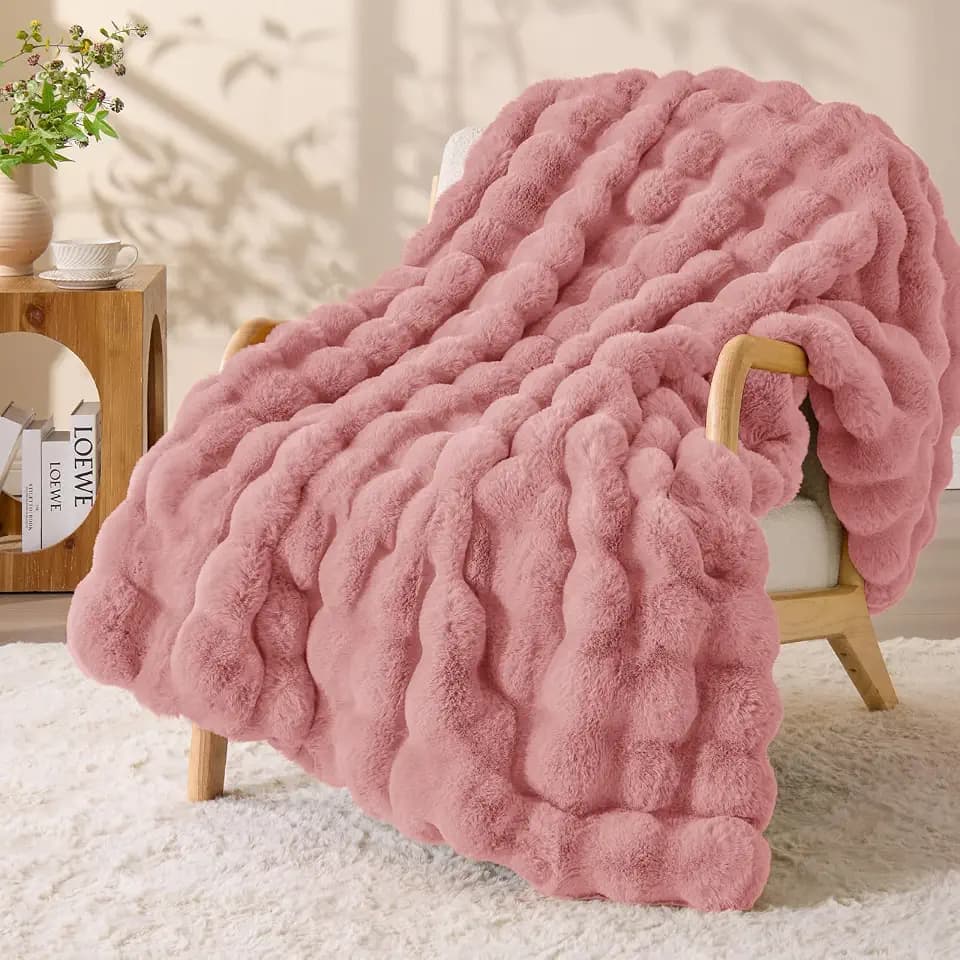 BEDELITE Faux Fur Throw Bubble Blanket for Couch, 50" x 60", Dusty Pink