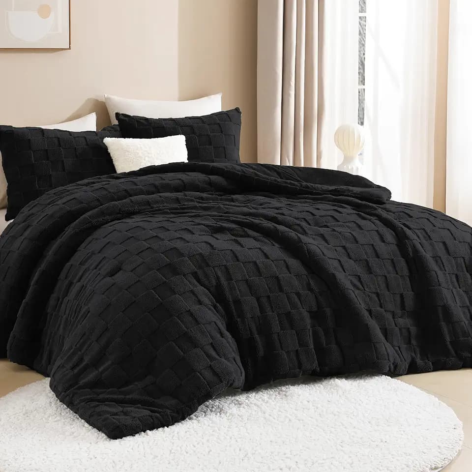 Litanika Fluffy King Comforter Black, 3Pcs Warm Sherpa Fleece Bedding