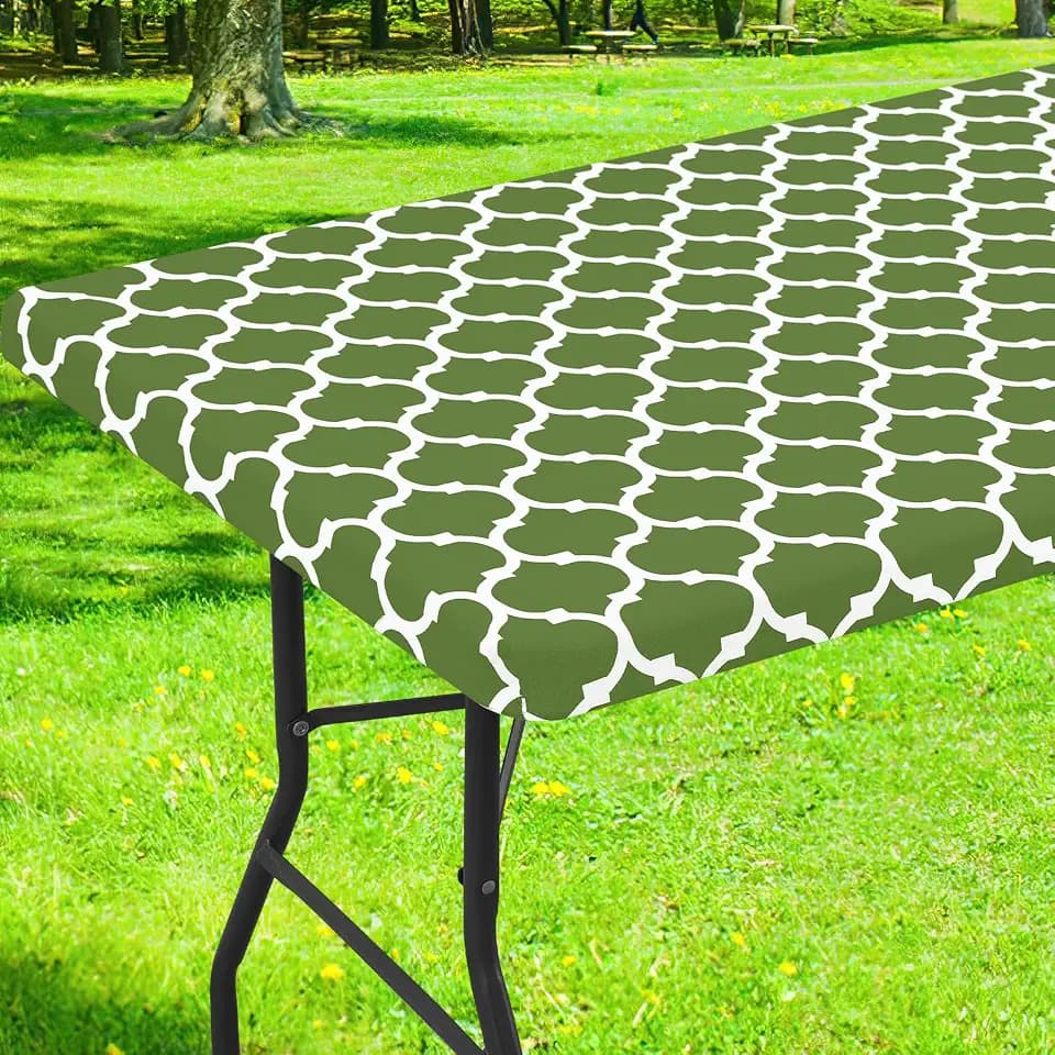 Smiry Picnic Fitted Table Cover, 8 Foot Flannel Backed Vinyl Tablecloth