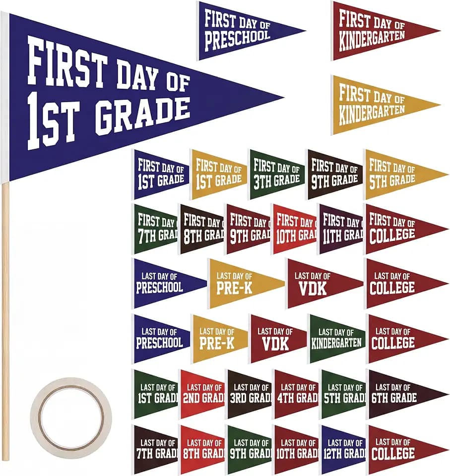 TaoBary 34 Packs First Day of School Flag Set DIY Back to School Pennants Last Day Pennant Sign Reusable 17 Grades Photo Prop with Stick for Preschool to College (Vintage Style,Bright Colors)