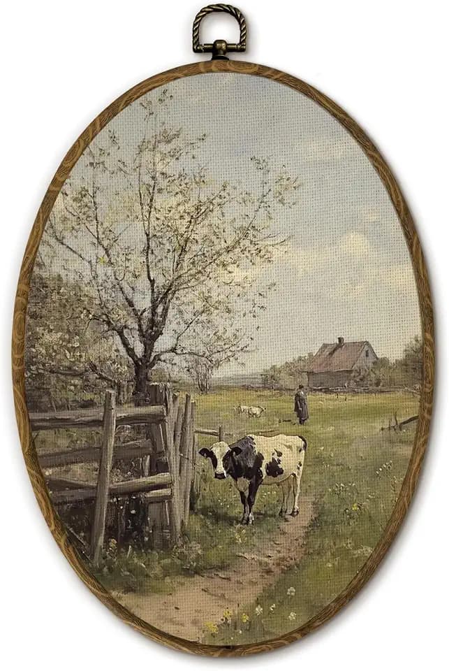 Yjeslw Vintage Farmhouse Cow Oval Wall Art Decor, Rustic Country Landscape Canvas Prints Framed, Antique Moody Countryside Cow Wall Hanging Decor for Home Bedroom Living Room, 8.6x11.4 Inches