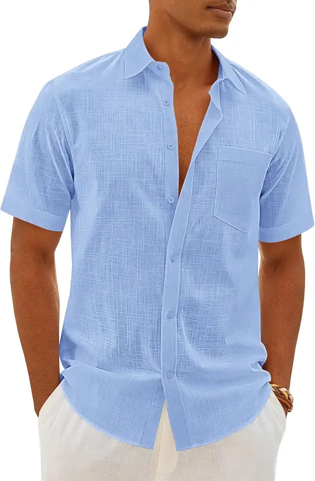 Mens Linen Textured Shirt Cotton Short Sleeve Summer Button Down Shirts