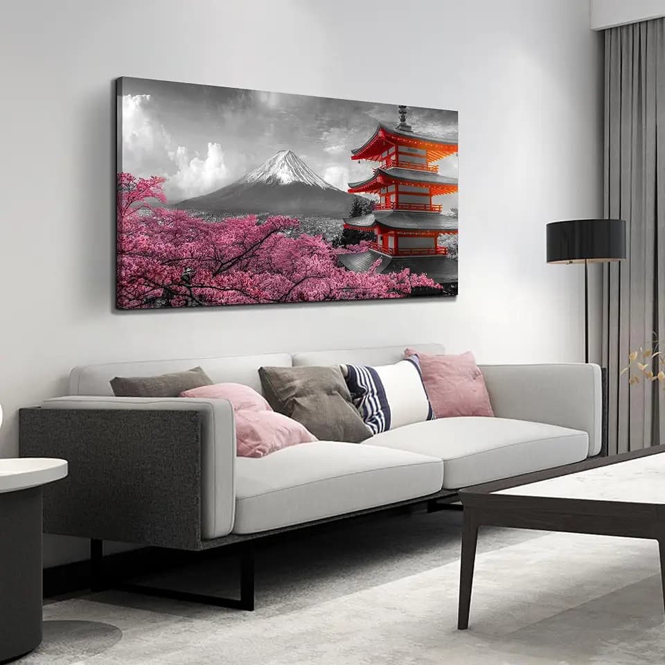 HUBOSKN Mount Fuji Wall Art for Living Room Japanese Wall Decor for Bedroom Cherry Blossom Canvas Wall Art for Dining Room Size 24 x 48 Inch