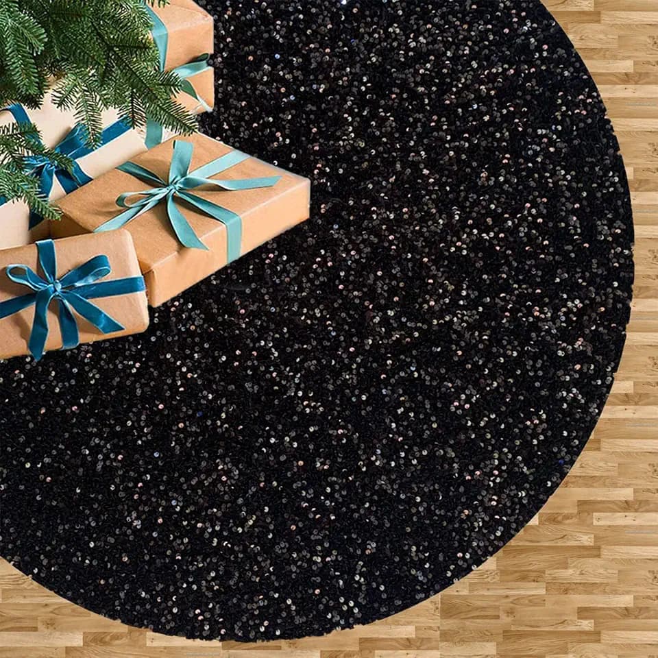 FUHSY 36 Inches Sequin Velvet Christmas Tree Mat Black Glitter Embroidered and Sequined Tree Decorative Skirts Sparkly Personalized Tree Skirts for Christmas Halloween Tree Skirt for Holiday Party