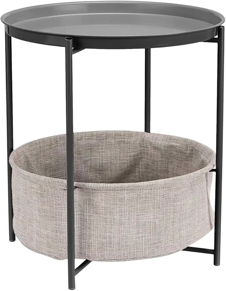 Amazon Basics Round Storage End Table, Nightstand for Bedroom or Living Room, Easy Assembly, with Cloth Basket, Charcoal/Heather Gray, 17.7 x 17.7 x 18.9 in
