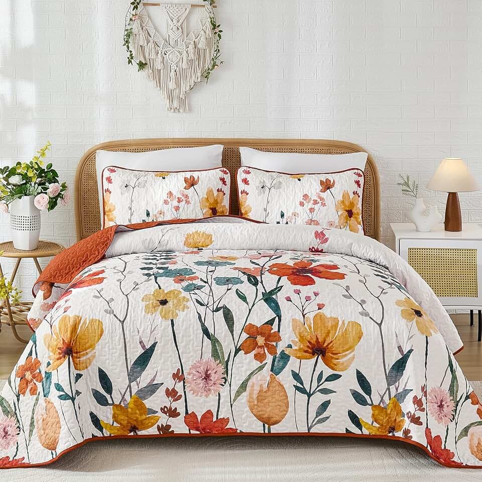 Anibedding Floral Quilt Set Queen, Burnt Orange Lightweight Fall Bedspread