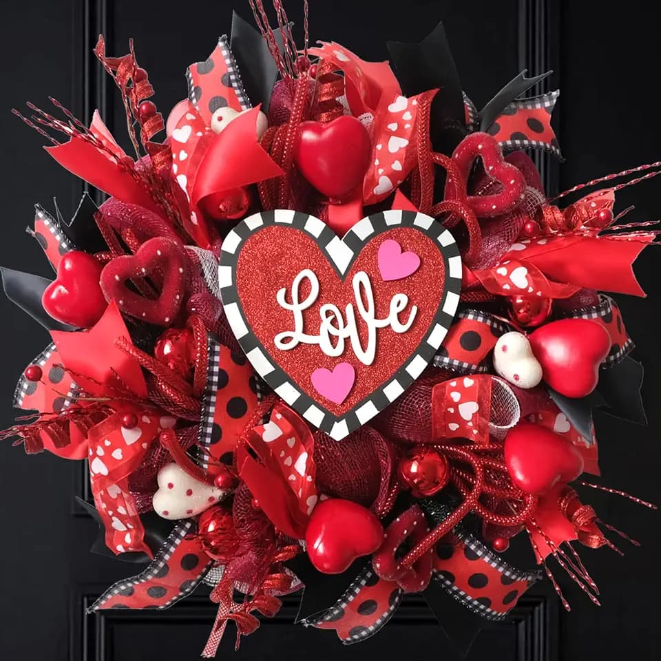 18 Inch Valentines Mesh Wreath for Front Door Artificial Red Rose Heart Valentines Day Decoration Wreath with Love Board for Home Wedding Anniversary Indoor Outdoor Decor
