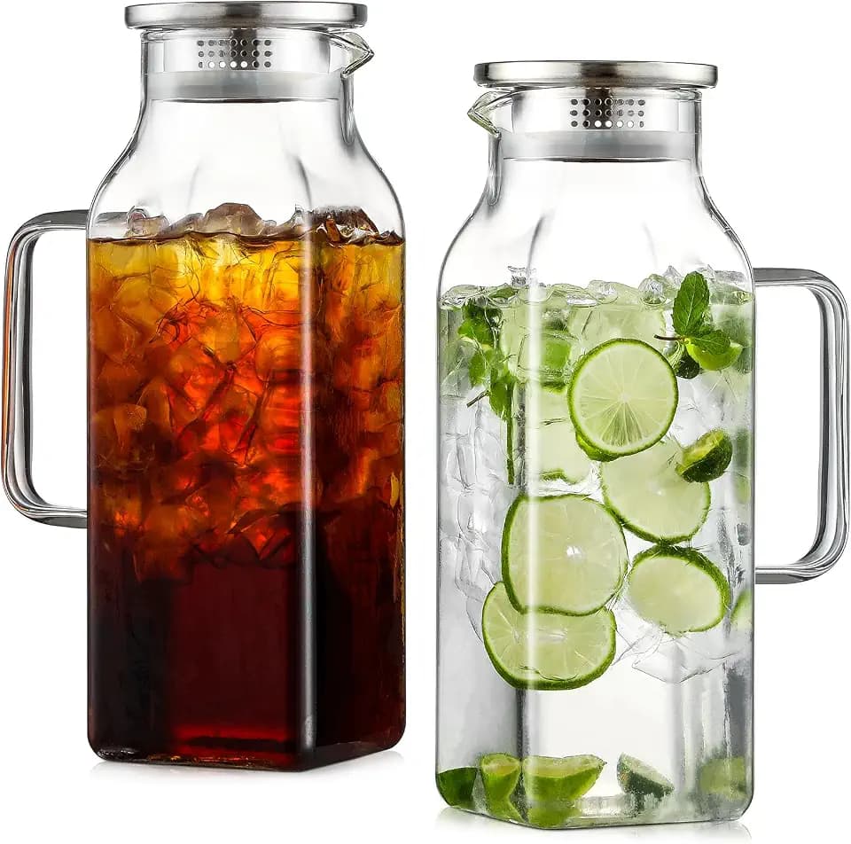 2 Pack 2.2Liters/75 oz Square Glass Pitcher with Lid and Handle for Fridge