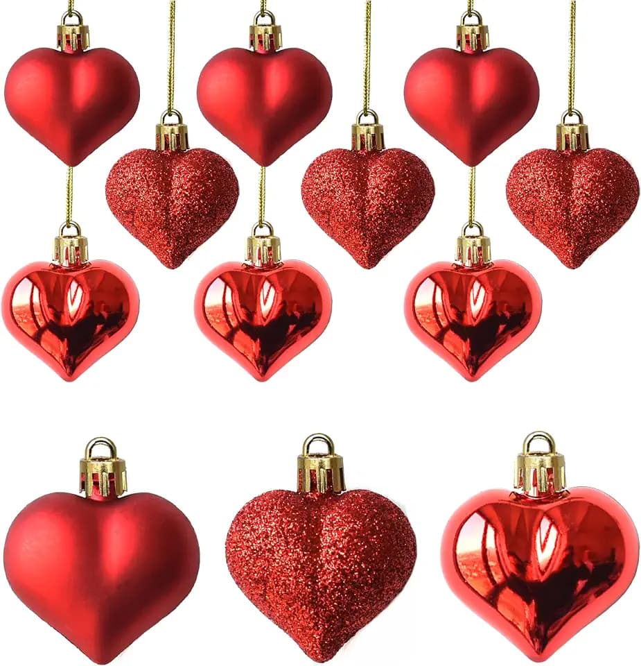 Tindobewan 12Pcs Heart Ornaments Multi Finish Heart Baubles Hanging Ornaments for Valentine’s Day Decor Mother's Day Christmas Tree Wedding Anniversary Party Decoration(Red)