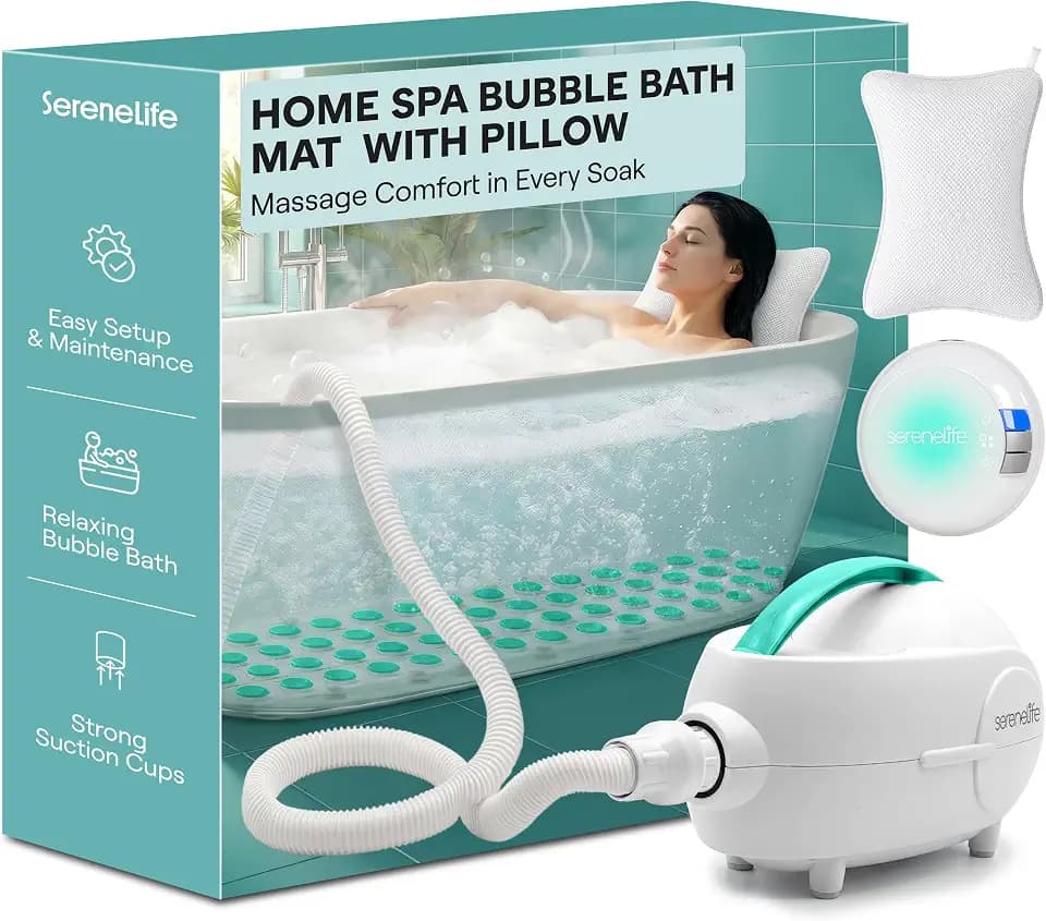 SereneLife Bubble Bath Mat - Portable Spa Bubble Bath Massager with Waterproof Bath Light & Pillow, Adjustable Bubble Intensity, Easy Button Control, Remote Control