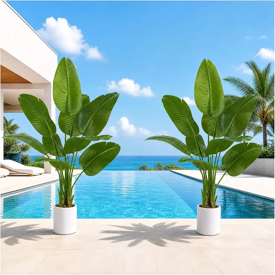 Pack 2 Artificial Bird of Paradise Plant 4FT Fake Palm Tree Feaux Plants in White Pot Artificial Tree Fake Plant for Indoor Outdoor Modern Decoration for Home Living Room Office
