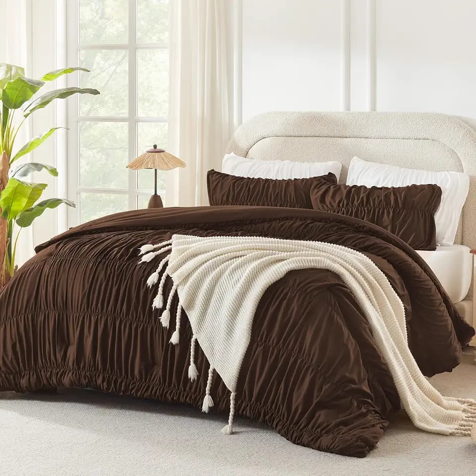 Andency Ruched Brown Full Comforter Set, Boho Ruffle Bedding Set 3 Pieces