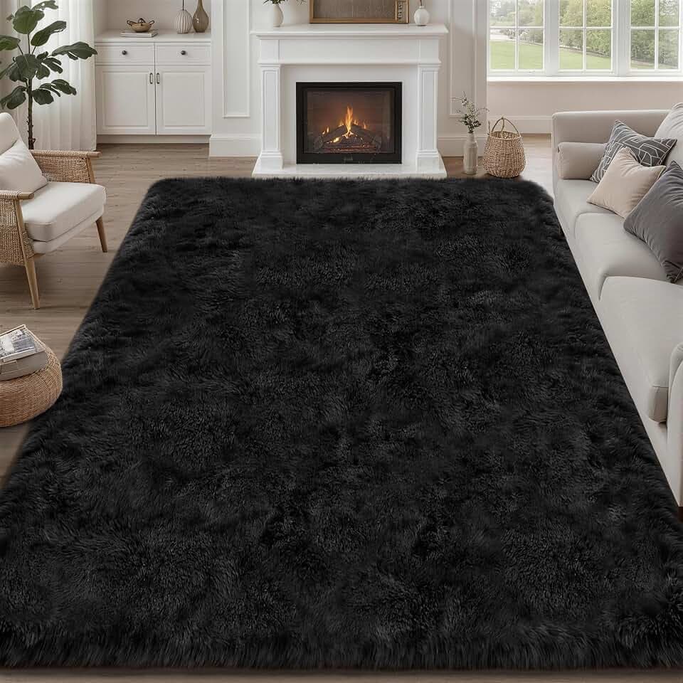9x12 Area Rug Living Room Bedroom: Fluffy Plush Shag Carpet Black