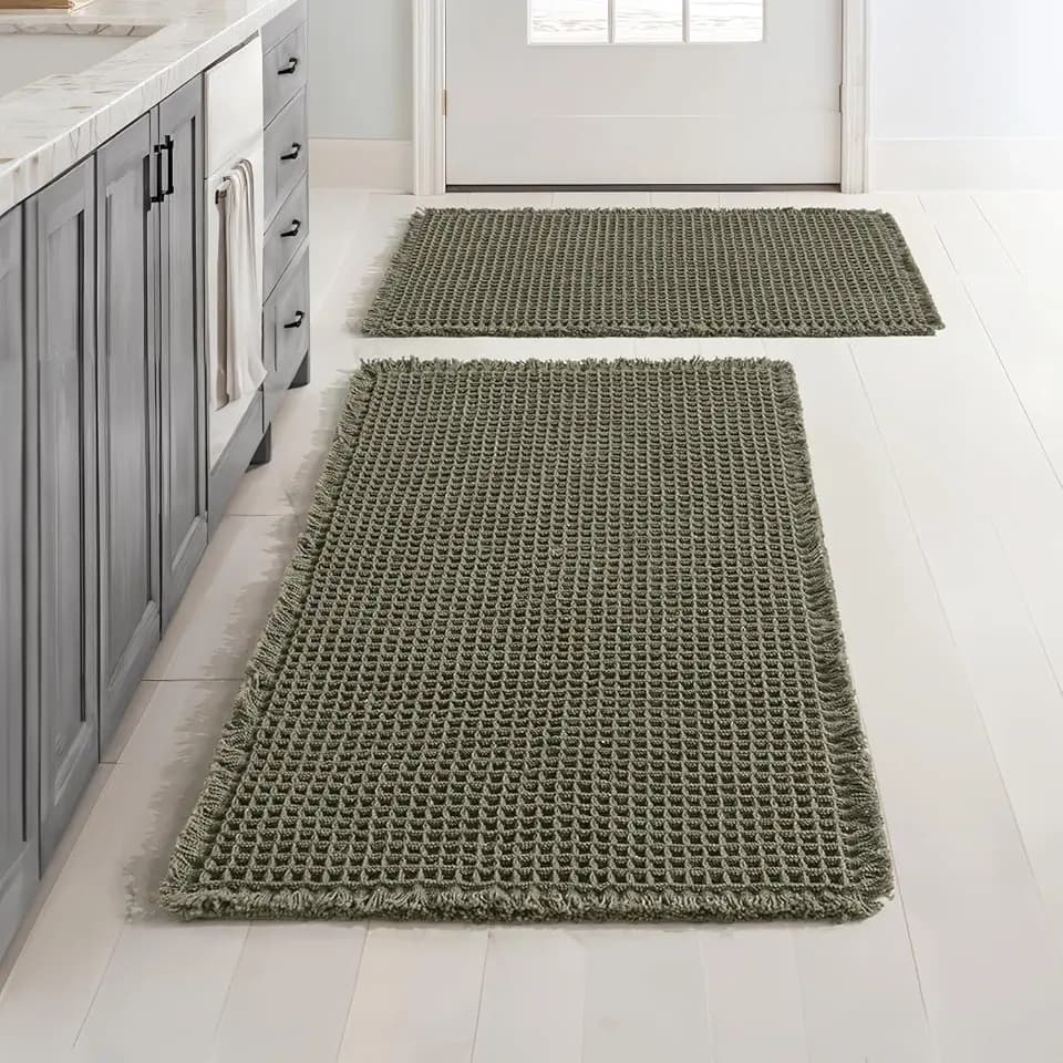 MIULEE Set of 2 Waffle Bathroom Rugs Boho Bath Mat Green 17"x24"+18"x30"