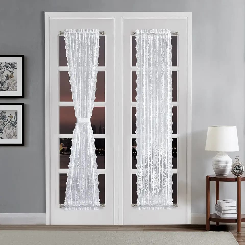 LinenZone 2 30 x 72 White Lace French Door Curtains. (Luna 30x72, White)
