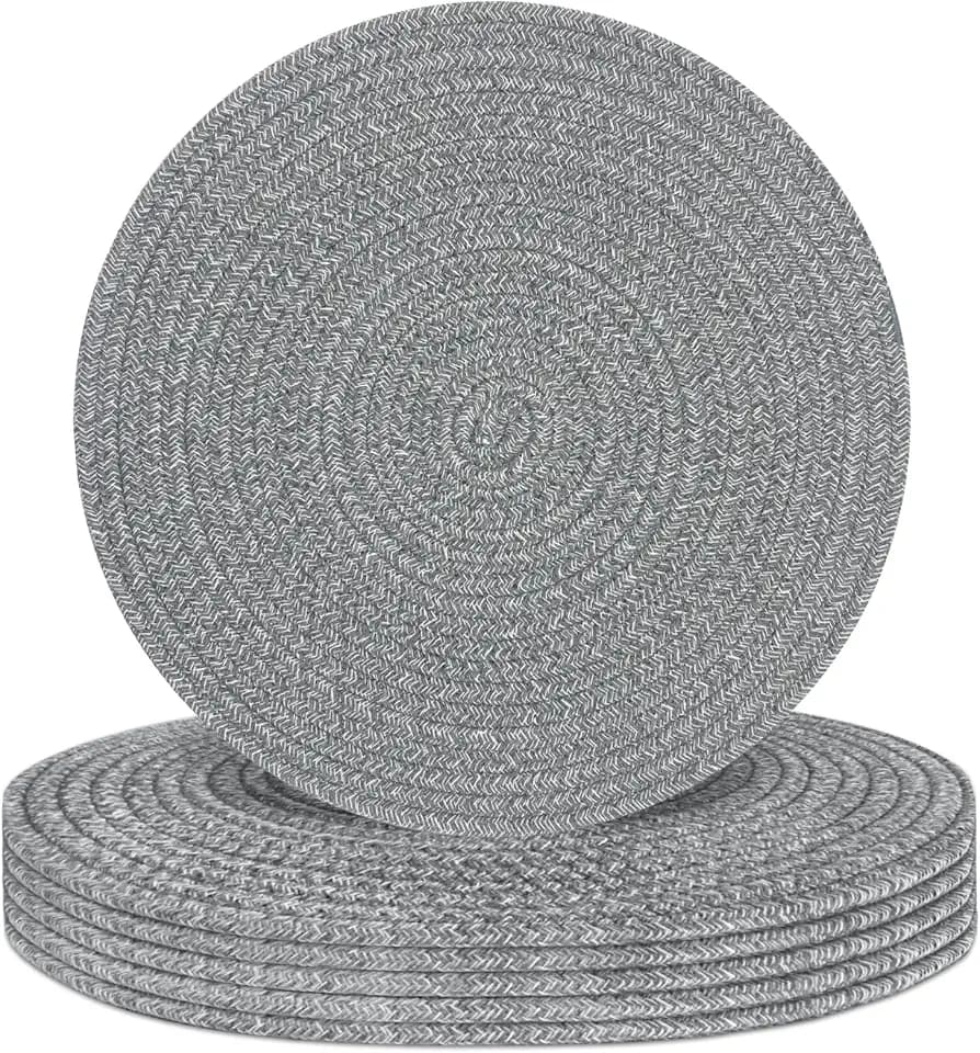 Round Placemats Set of 6, Cotton Rope Woven Table Mats, Hot Pads for Kitchen, Non Slip Heat Resistant Place Mats, 13 Inches Braided Placemat for Farmhouse Decor and Kitchen Table Decor (Gray)