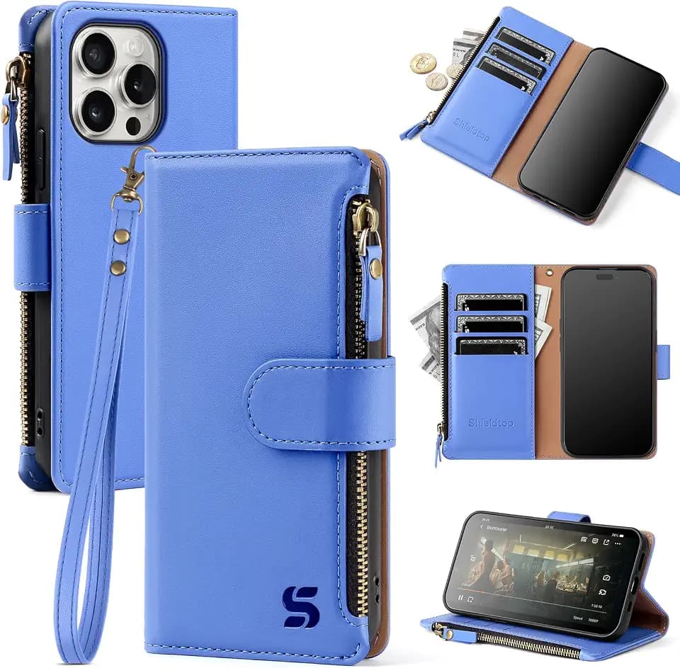 Shieldtop for iPhone 15 Pro Wallet Case with Card Holder,Purple Blue