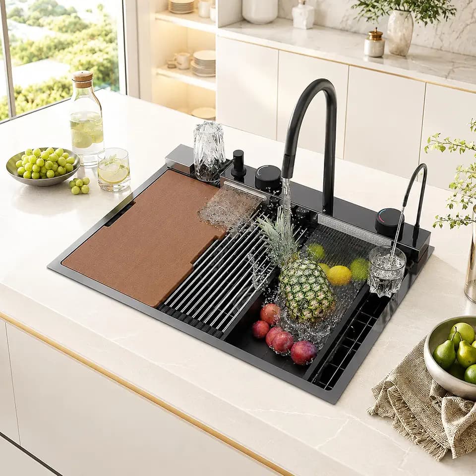 31"x17" Drop In Smart Workstation Kitchen Sink Waterfall Kitchen Sink