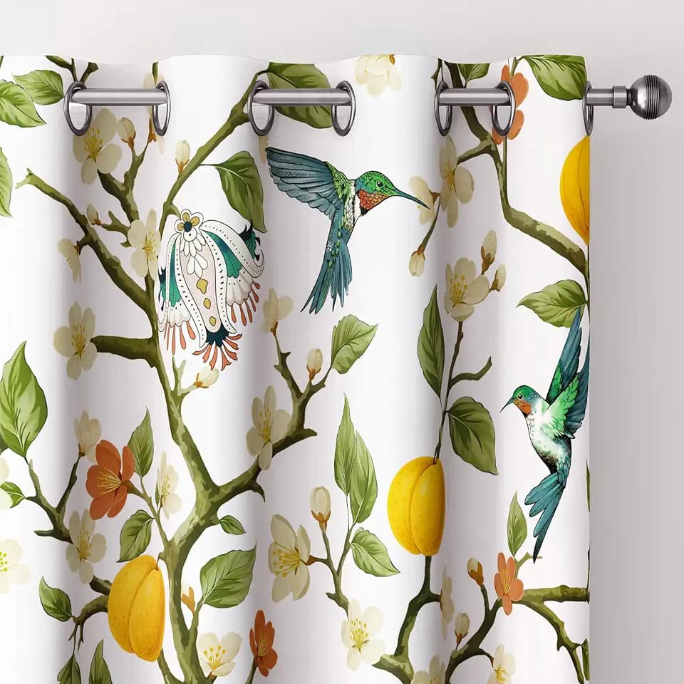 Floral Curtains 100% Blackout, Vintage Hummingbird Black Out Curtain 63 Inches Long, Patterned Thermal Insulated Window Drapes 2 Panels, Grommet Room Darkening Curtains for Living Room Bedroom, White