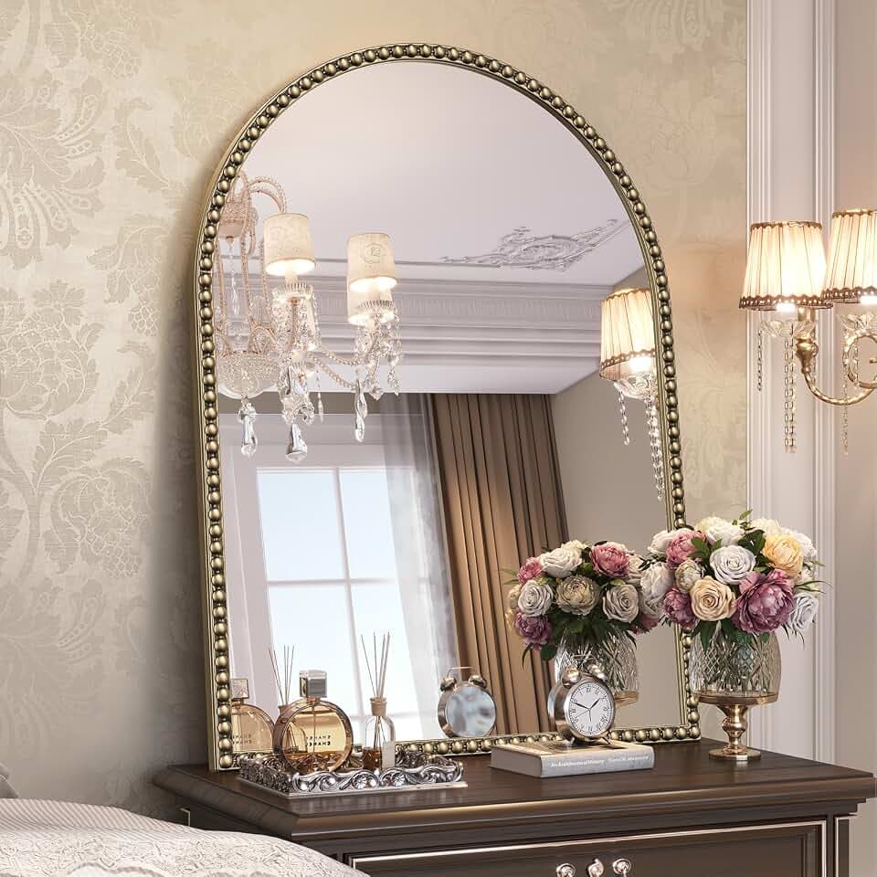 Arched Beaded Mirror for Bathroom,24"x32" Antique Arch Wall Mirror