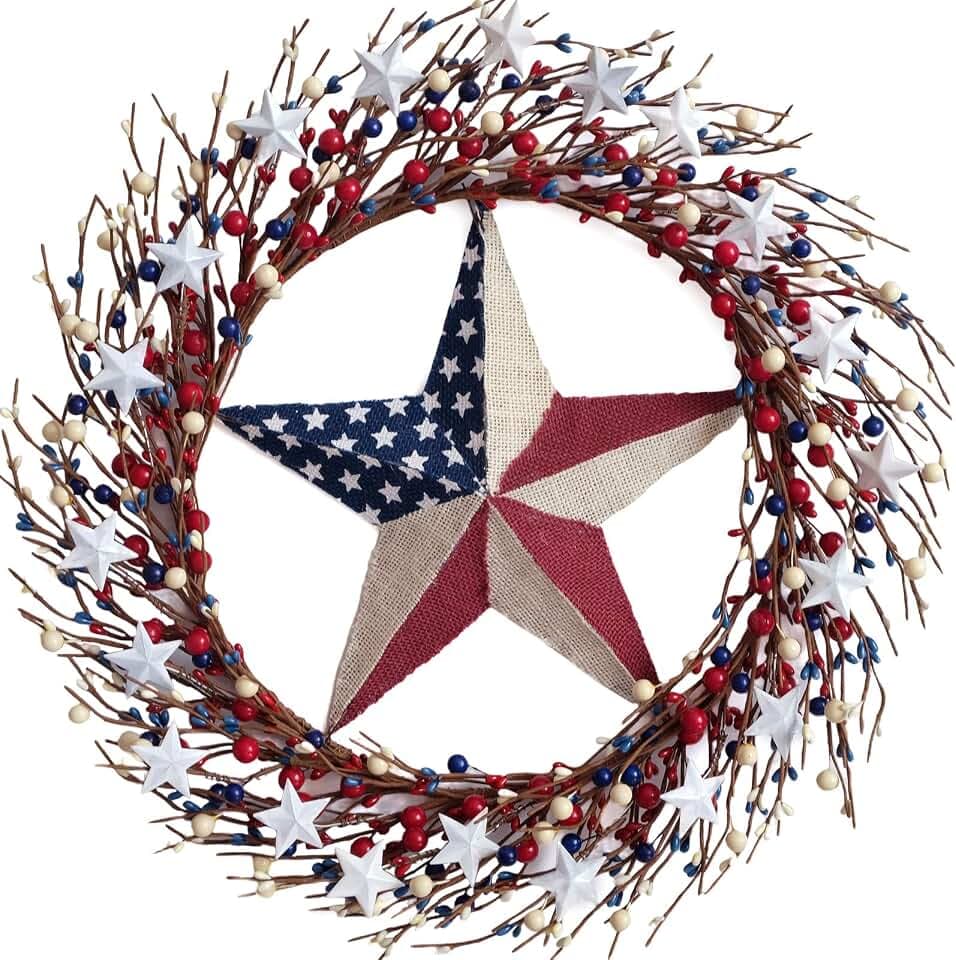 TEMPUS 20 Inch Patriotic Wreath for Front Door, Burlap American Flag Star, Artificial 4th of July Decoration for Indoor Outdoor Home Wall Decor