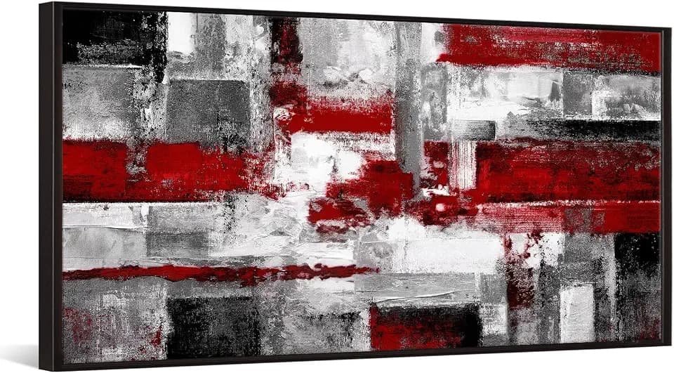 KREATIVE ARTS Red Black White Abstract Wall Art Modern Canvas Print Geometric Painting with Black Floater Frame for Living Room Bedroom Office Hallway Contemporary Decor 20x40 Inch