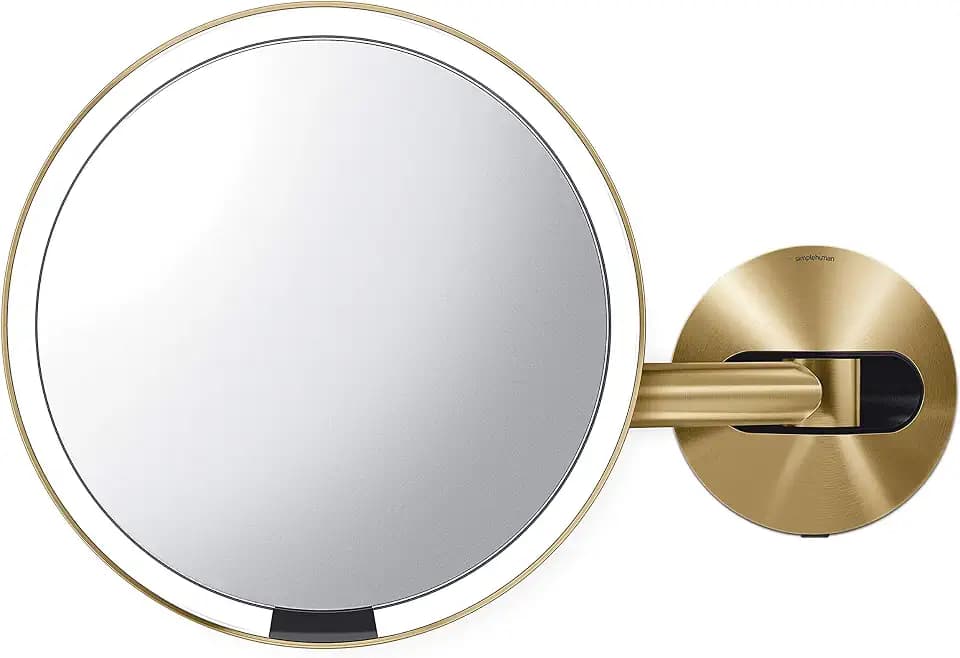 simplehuman Sensor Mirror, Wall Mount Makeup Mirror with Light, 8" Round Lighted with Magnification (5X), Hard Wired, Swing Arm, Brass Stainless Steel