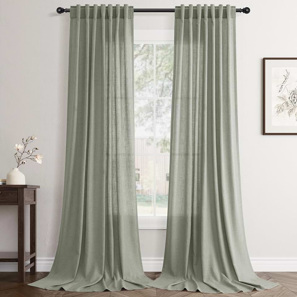 Jowels Sage Green Linen Curtains 90 Inch Long 2 Panels for Living Room
