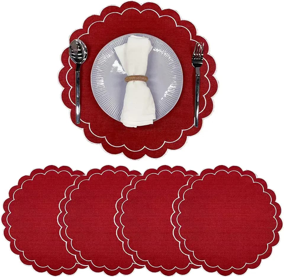 Linen Cotton Placemats Set of 4 Scalloped Flower Embroidery Place Mats 15'' Natural Linen Texture Fabric Machine Washable Table Mats for Restaurant Kitchen,Table Decor(Red)