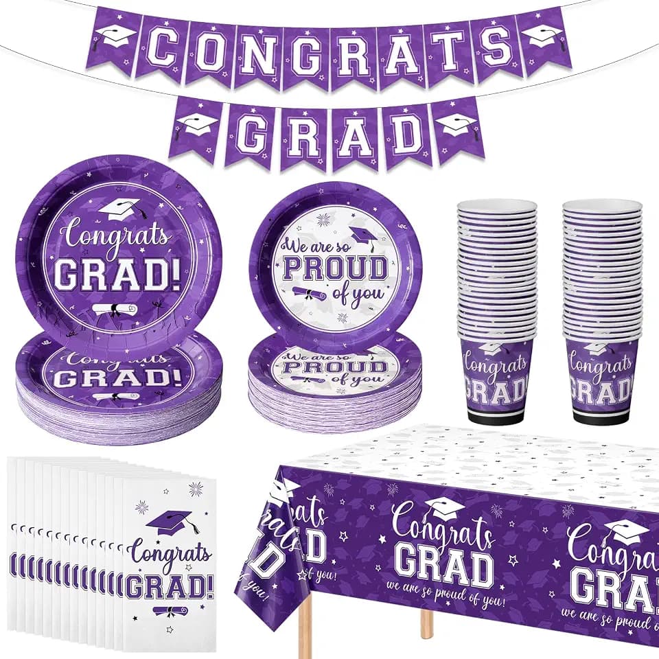 Graduation Party Supplies Congrats Grad Plates and Napkins Set Disposable Paper Plates Napkins Tablecloth Banner Cups Tableware for Class of 2026 Graduation Party Decorations Serve 50 (Purple)