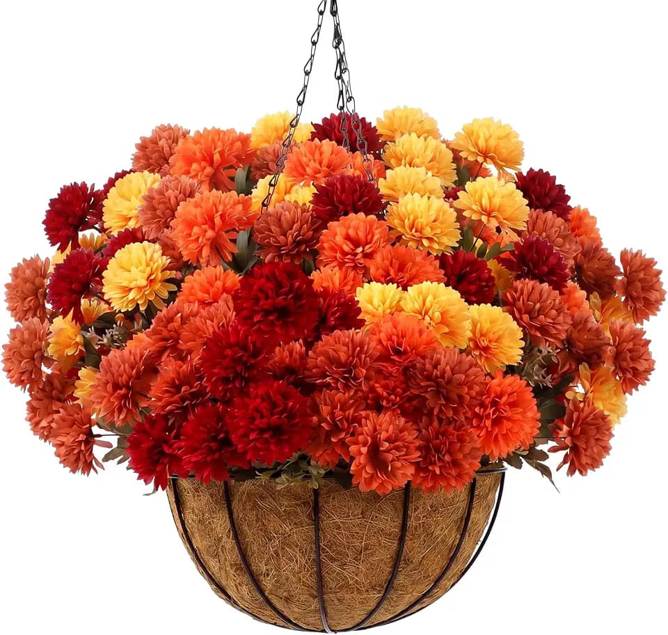 8Bundle Fall Mum Artificial Flower Hanging Basket Outdoor Decor, Fall Color