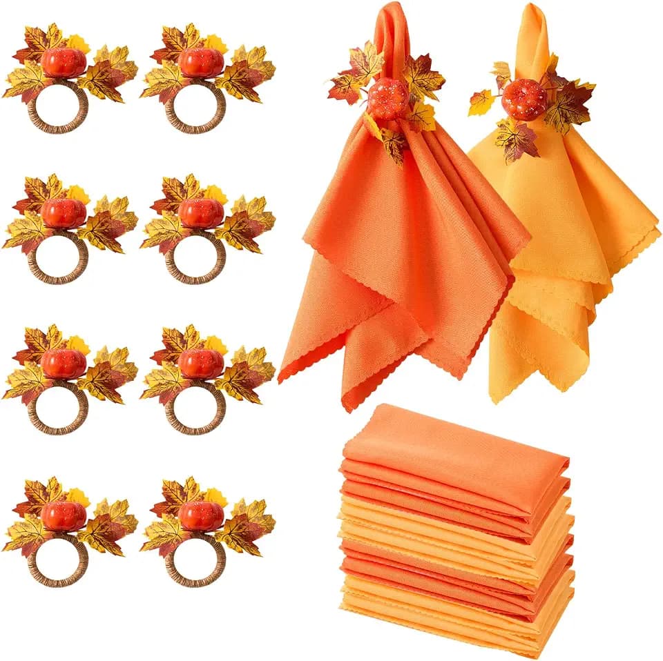 Fall Thanksgiving Decorations Set of 16, Fall Cloth Napkins & Napkin Rings