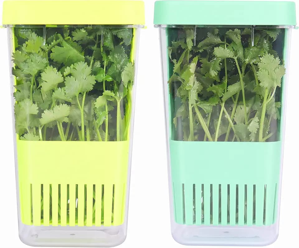 LUVCOSY 2 Pack Herb Keeper, BPA-Free Plastic Herb Saver with an Inner Basket for Cilantro, Mint, Parsley, and Asparagus, Keeps Fresh Herbs for 3 Times Longer
