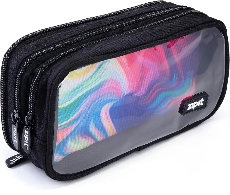 ZIPIT Half & Half Pencil Case, 3-Compartment Aesthetic Zipper Pouch, Black