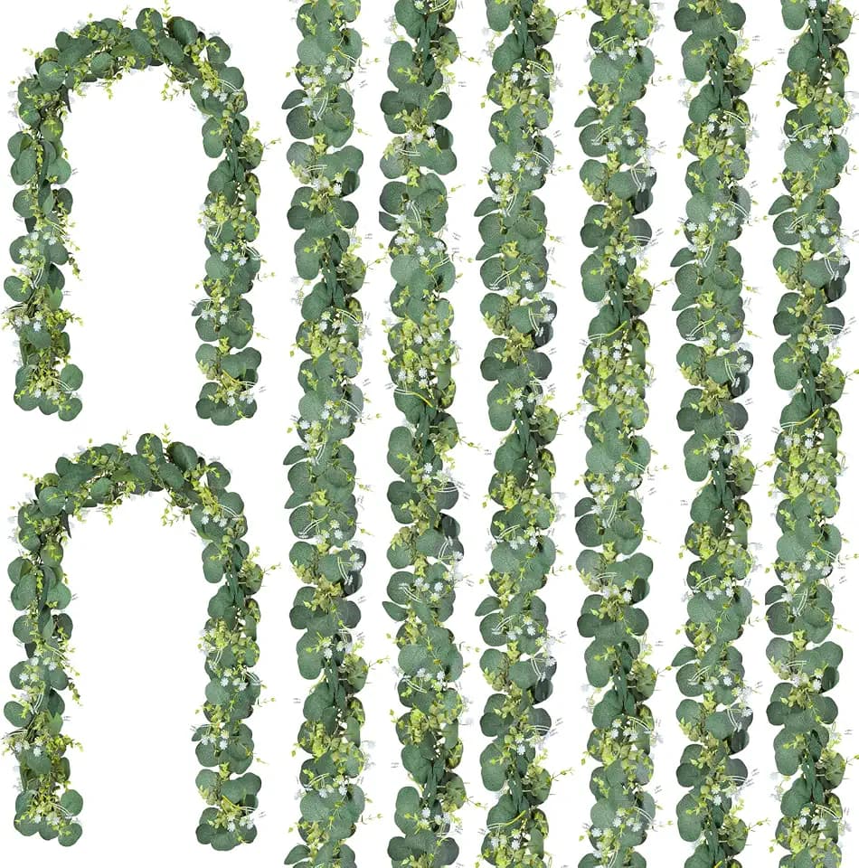 CQURE 8Pcs Eucalyptus Garland,Artificial Eucalyptus Leaves Table Greenery Garland Wreath Vines for Wedding Party Table Bedroom Wall Decor