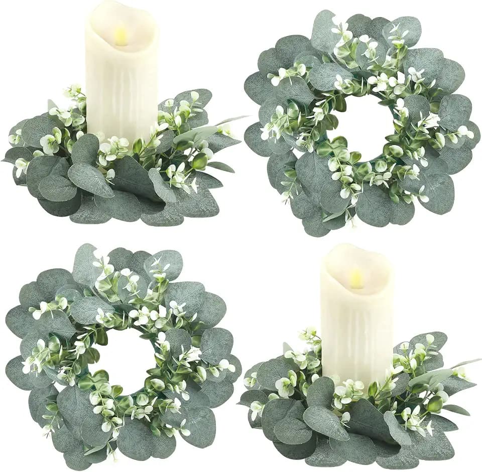 Waydress 4 Pcs Eucalyptus Candle Rings, 6 Inch Small Wreaths, Elegant Leaf
