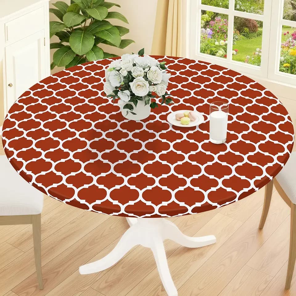 Smiry Round Picnic Tablecloth, Waterproof Elastic Fitted Table Covers for 36" - 44" Tables, Wipeable Flannel Backed Vinyl Tablecloths for Camping, Indoor, Outdoor, Rust & White