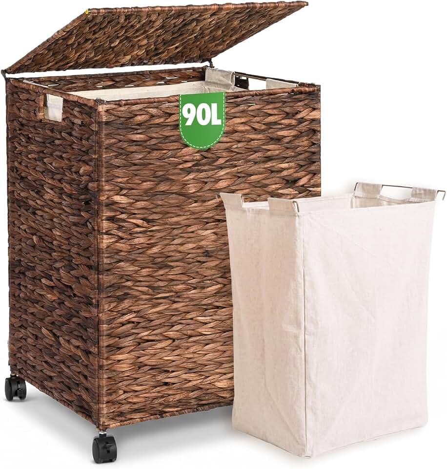 Livole Wicker Laundry Hamper with Lid & Wheel, Rattan Laundry Basket, 90L