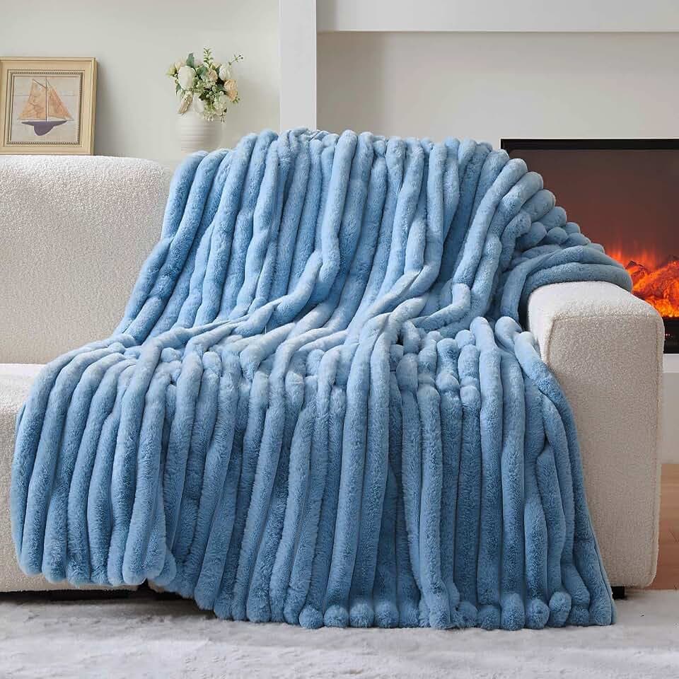 Lotus Karen Faux Fur Throw Blanket - Stripe Faux Rabbit Fur Blanket for Couch, Cozy Soft Fluffy Fuzzy Blanket, Warm Thick Furry Plush Shaggy Small Blankets for Women, Blue,50x60 Inches