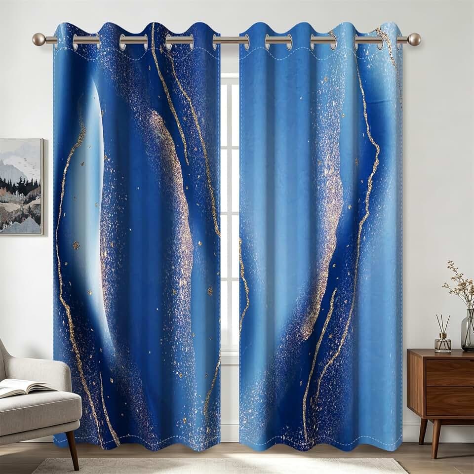 Abstract Blue Gold Marble Blackout Curtains for Bedroom Curtain 42x84 In