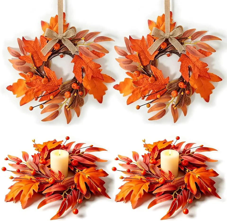 4 Pcs Mini Fall Wreaths Thanksgiving Table Centerpieces Fall Candle Rings 9 Inch Maple Leaf Wreaths for Cabinets Farmhouse Autumn Wreath for Front Door Porch Wall Window Decorations
