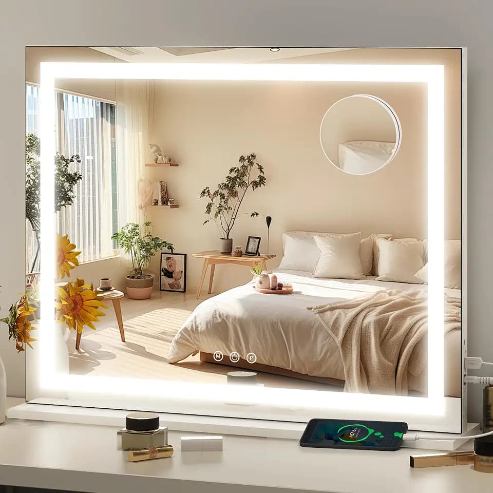 FENNIO 23" x 18" Vanity Mirror with Lights,LED Makeup Mirror,Hollywood Mirror with 3 Color Modes & Adjustable Brightness,Vanity Mirror Square White