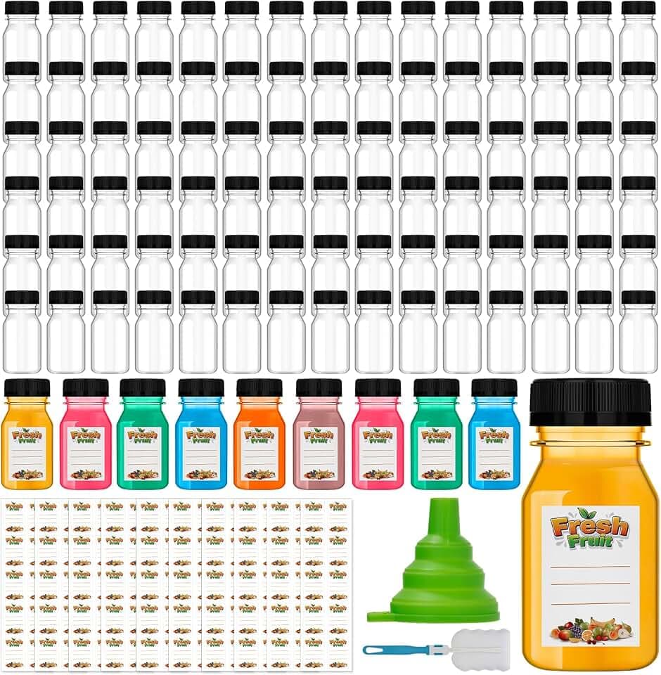 100 Pcs 4 oz Plastic Juice Bottles with Caps, Clear Small Containers