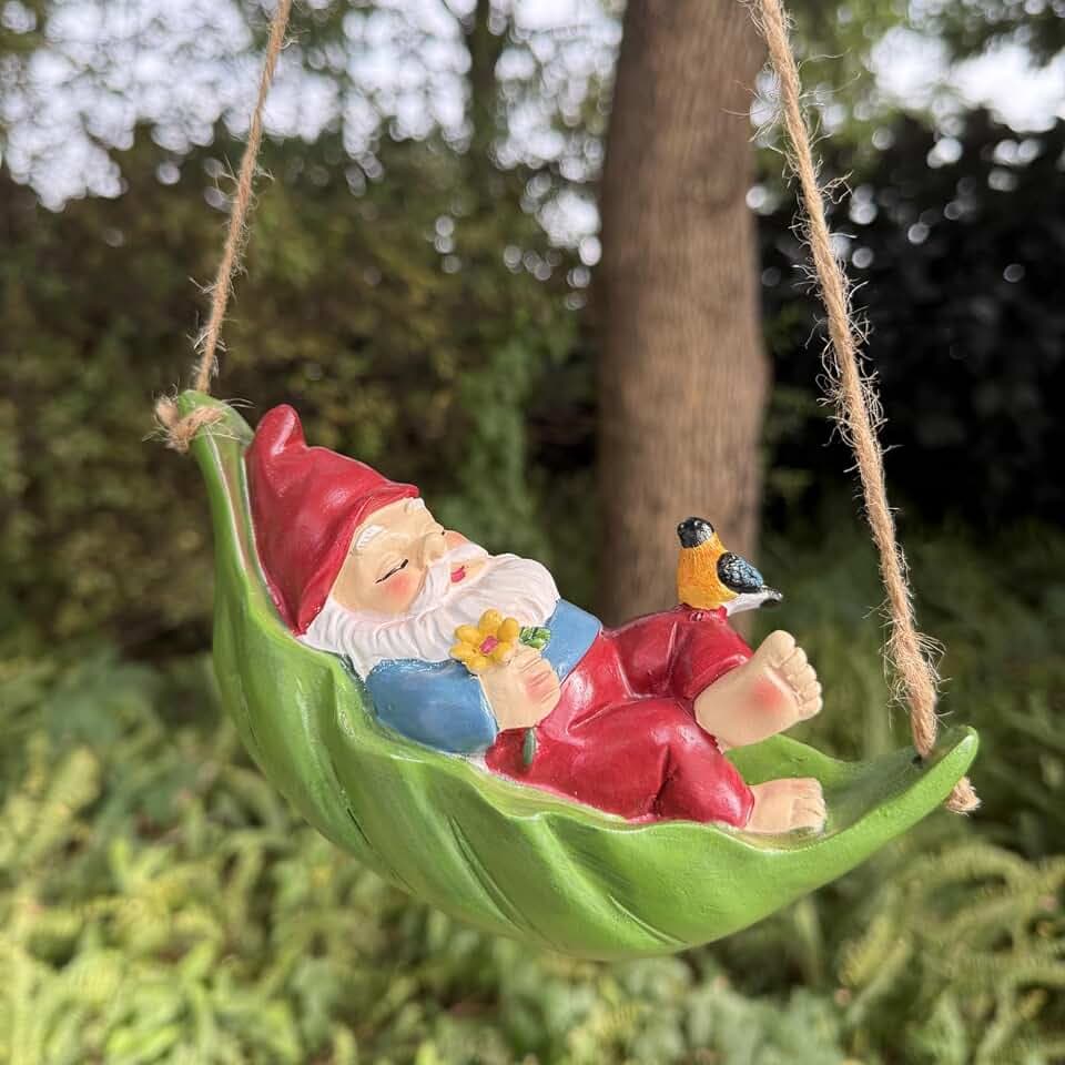 Garden Gnome Outdoor Statues for Garden Decor, Gnome Bird Flowers Resin Hanging Decorations Tree Ornaments Figurines for Outside Backyard Art Decor