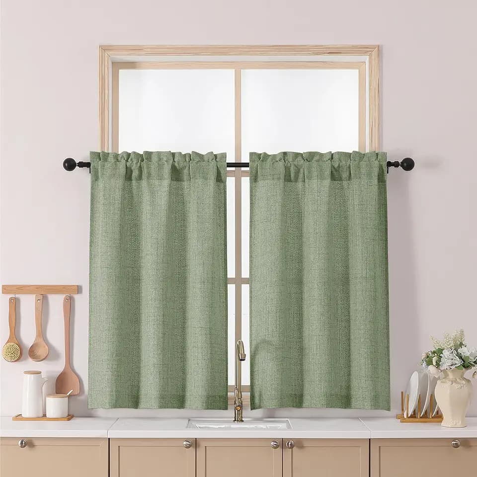 Chyhomenyc Green Short Curtains 36 Inch Length, Light Filtering Faux Linen Textured Small Half Window Curtain Over Sink, Small Curtains for Cabinet Bathroom Basement RV Camper, 30Wx36L, 2PCS