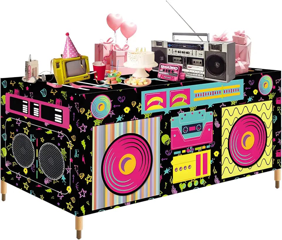 6FT 80s 90s Boom Box Tablecloth, Retro Radio Stereo Speaker Print Washable Fabric Table Cover for Hip Hop Birthday, Rap Music Party, DJ Dance, Back to 1980s 1990s Throwback Decorations