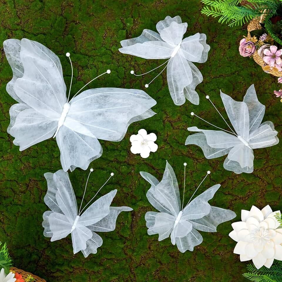 OBBOLO 3D Hanging Butterfly Decorations, White Butterfly Birthday Party Decorations, 5 Pcs Water-Repellent Paper Butterfly Hanging Decorations for Girls, Women, Flower Garden Party Décor