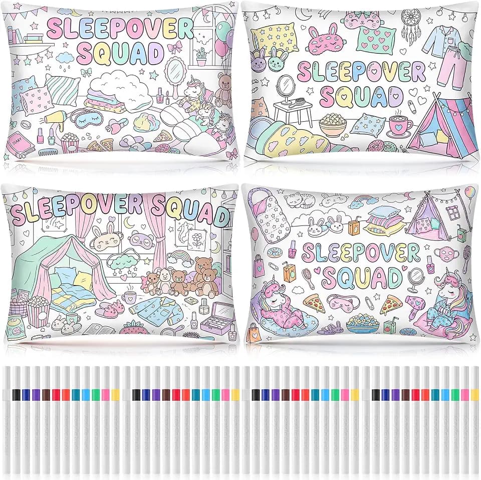 Mindsoft 4 Set Coloring Pillowcase with Marker Craft Kit,Pajama Party