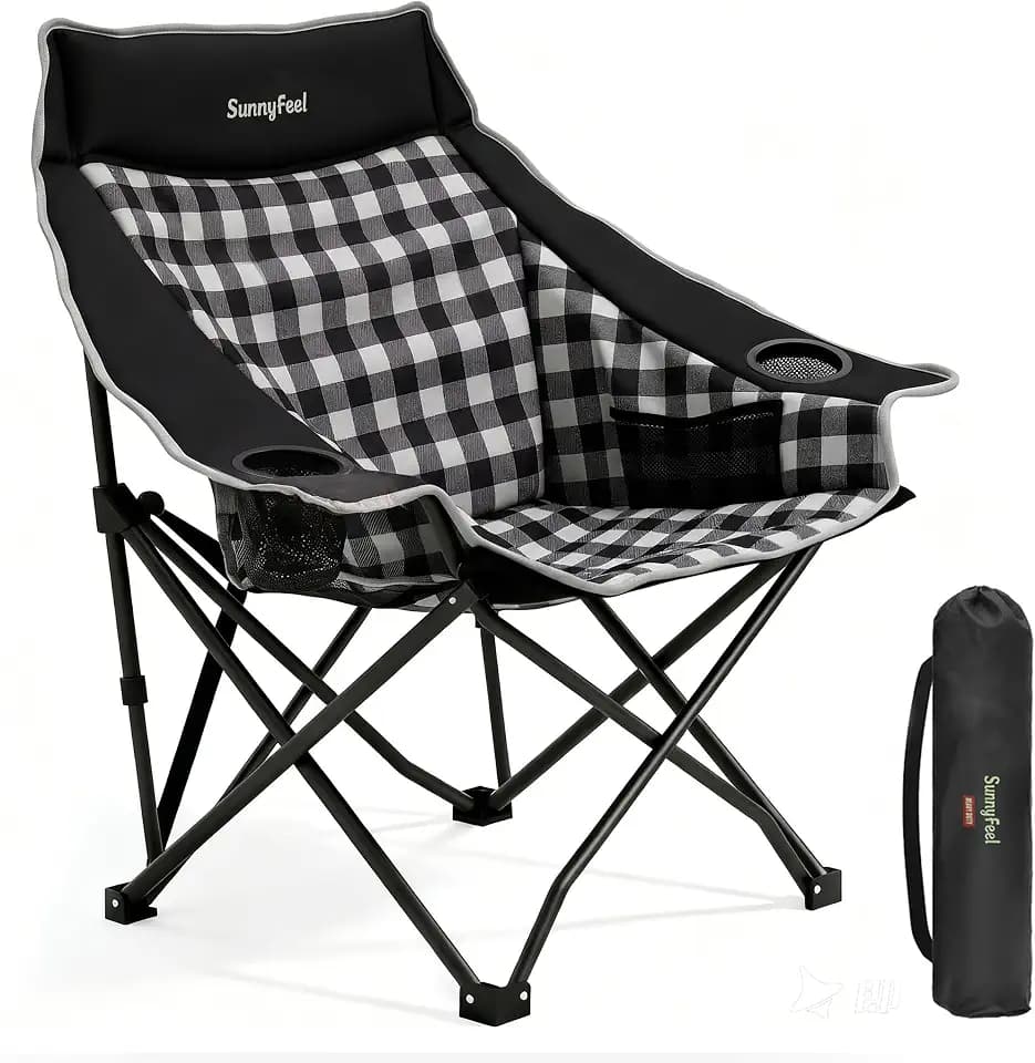 SUNNYFEEL Padded Oversized Camping Chairs for Adults, Heavy Duty Portable Folding Chair with Carry Bag, Side Pockets & Cup Holder, Supports 300 lbs, for Tailgating Hiking Picnic Backyard Black